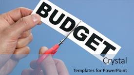  Presentation with budget - PPT theme enhanced with scissors cutting the word budget background and a light blue colored foreground