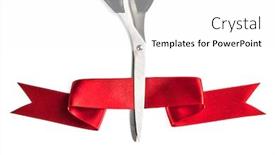 Presentation with cutting ribbon - Slide set featuring scissors cutting through red ribbon or tape isolated on white background background and a white colored foreground