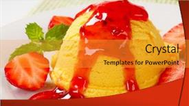  Presentation with ice cream strawberry - Amazing PPT theme having scoop of yellow ice cream with strawberry sauce backdrop and a gold colored foreground