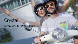  Presentation with miami - Cool new presentation design with scooters - cheerful couple riding scooter backdrop and a light blue colored foreground