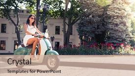  Presentation with cheerful - Cool new slide set with scooters - cheerful young woman driving scooter backdrop and a soft green colored foreground