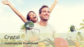  Presentation with woman hands raised to sky - Audience pleasing slide deck consisting of scooters - happy young couple enjoying scooter backdrop and a soft green colored foreground