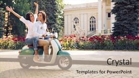  Presentation with old couple - Audience pleasing presentation consisting of scooters - happy young couple traveling backdrop and a soft green colored foreground
