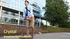 Presentation with work - Slide deck having scooters - young businessman commuting to work background and a tawny brown colored foreground