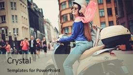  Presentation with cheerful - Colorful slides enhanced with scooters - young cheerful girl near scooter backdrop and a light gray colored foreground