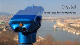  Presentation with navy blue and gold - Theme featuring scope - blue binoculars and defocused panorama background and a light blue colored foreground