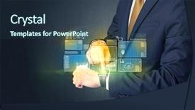  Presentation with scope - Theme having scope - businessman wearing smartwatch with data background and a tawny brown colored foreground