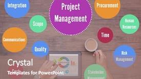  Presentation with project management - Cool new PPT theme with scope work - business concept man using tablet backdrop and a coral colored foreground