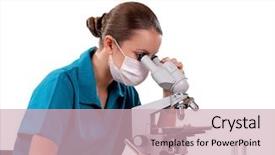  Presentation with medical procedure simulation using plasma - PPT theme enhanced with scope work - female medical doctor using microscope background and a soft green colored foreground