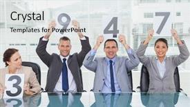  Presentation with interview - PPT theme enhanced with score - cheerful interview panel holding signs background and a light gray colored foreground