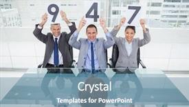  Presentation with interview - Presentation design enhanced with score card - smiling interview panel in bright background and a seafoam green colored foreground