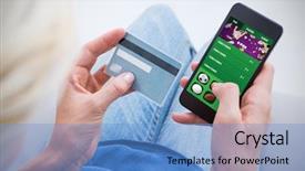  Presentation with online app - Slide deck having score card - woman doing online shopping background and a teal colored foreground