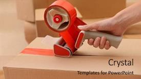  Presentation with scotch tape - Presentation design having scotch tape - packaging parcels with dispenser close-up background and a coral colored foreground