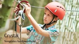  Presentation with scouting - PPT theme enhanced with scouting sports - boy at climbing activity background and a coral colored foreground