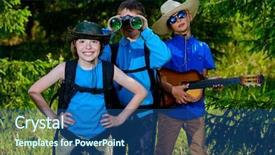  Presentation with outdoor activities - Presentation enhanced with scouting sports - three boys friends go hiking background and a ocean colored foreground