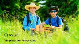  Presentation with outdoor activities - Cool new theme with scouting sports - two boys friends go hiking backdrop and a yellow colored foreground