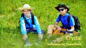 Presentation with outdoor activities - PPT theme featuring scouting sports - two boys friends go hiking background and a tawny brown colored foreground