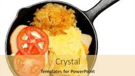  Presentation with white cheese - Theme featuring scrambled egg and cheese sandwhich and hash brown casserole in cast iron skillet over white background and a yellow colored foreground