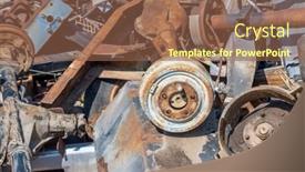  Presentation with scrap yard - Slide deck having scraped-and-weathered-automotive-parts background and a violet colored foreground