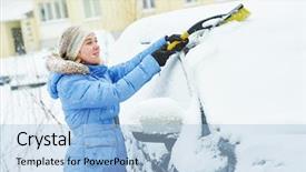  Presentation with car cleaning - Audience pleasing presentation theme consisting of scraper - snow cleaning woman cleaning car backdrop and a light blue colored foreground