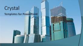 Presentation with construction cranes - Colorful PPT theme enhanced with sky-scrapers construction in moscow backdrop and a light blue colored foreground