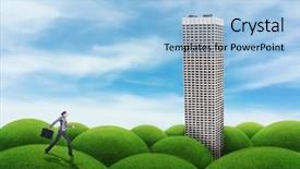  Presentation with building - Slide deck with scrappers - woman running to the building background and a light blue colored foreground