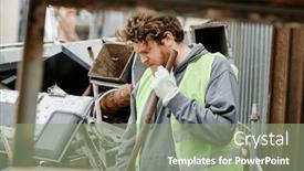  Presentation with metal recycling - Presentation theme with scrapyard-worker-sorting-metal-collected background and a seafoam green colored foreground