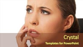  Presentation with mann has trouble - Amazing slides having scratching head - portrait of pensive woman having backdrop and a tawny brown colored foreground