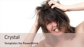  Presentation with hair - Slides with scratching head - young woman furiously scratches her background and a soft green colored foreground