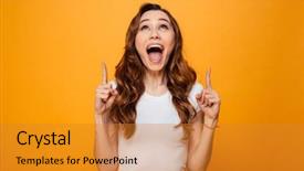  Presentation with yellow - Slides having scream - happy screaming brunette woman background and a gold colored foreground
