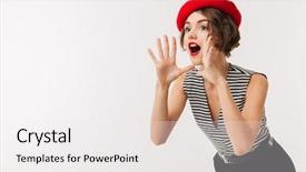  Presentation with portrait of excited overjoyed female - Presentation design featuring scream - portrait of an excited woman background and a white colored foreground