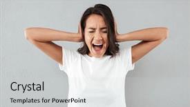  Presentation with woman covering man mouth hand - Colorful theme enhanced with scream desperation - angry irritated asian woman covers backdrop and a light gray colored foreground