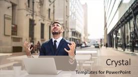  Presentation with motivation ball hill businessman - Colorful PPT layouts enhanced with scream desperation - desperate businessman checking his pc backdrop and a soft green colored foreground