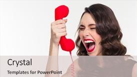  Presentation with red telephone - Presentation theme featuring scream desperation - desperate stressed curly young woman background and a lemonade colored foreground