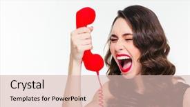  Presentation with red telephone - PPT theme with scream desperation - desperate stressed curly young woman background and a lemonade colored foreground