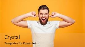  Presentation with woman covering man mouth hand - Beautiful presentation featuring scream desperation - portrait of an annoyed bearded backdrop and a yellow colored foreground