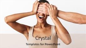  Presentation with woman covering man mouth hand - Audience pleasing slides consisting of scream desperation - scared screaming young african woman backdrop and a coral colored foreground