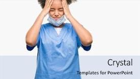  Presentation with doctor helps to get out of bed an elderly woman - Audience pleasing slides consisting of scream desperation - young afro american doctor woman backdrop and a light blue colored foreground