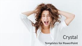  Presentation with real woman hair texture human - Slides featuring scream desperation - young brunette woman with long background and a sky blue colored foreground
