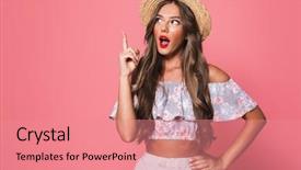  Presentation with portrait of excited overjoyed female - Slides featuring screaming and pointing finger upward background and a coral colored foreground