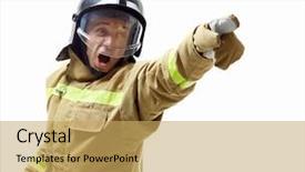  Presentation with firefighter - PPT theme with screaming firefighter in uniform on a white background background and a yellow colored foreground