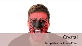  Presentation with albania - Audience pleasing PPT theme consisting of screaming man with albania flag backdrop and a  colored foreground