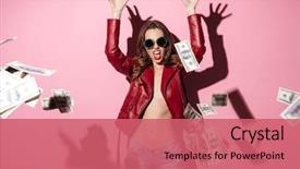  Presentation with winner - Presentation design consisting of screaming woman winner throwing money background and a coral colored foreground