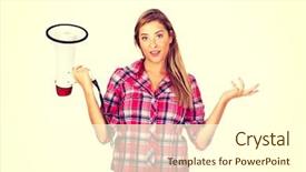  Presentation with young man and a woman - Beautiful slide deck featuring screaming young woman holding megaphone and gesturing dont know backdrop and a cream colored foreground