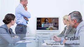  Presentation with login - Audience pleasing presentation consisting of business team looking at white screen against login screen superimposed on hipster man with laptop backdrop and a light blue colored foreground