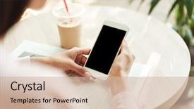  Presentation with hands holding - Audience pleasing theme consisting of screen mobile phone over cafe backdrop and a soft green colored foreground