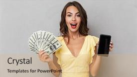  Presentation with mobile money - Beautiful slide set featuring screen mobile phone showing money backdrop and a coral colored foreground