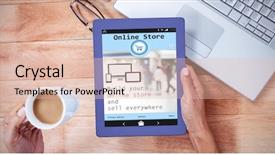  Presentation with feminine - Audience pleasing PPT theme consisting of screen of an online store against overhead of feminine hand using tablet backdrop and a lemonade colored foreground