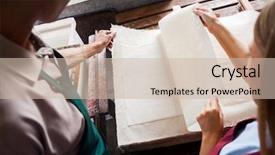  Presentation with black male female fashion - Colorful theme enhanced with screen printing - male and female colleagues checking backdrop and a soft green colored foreground