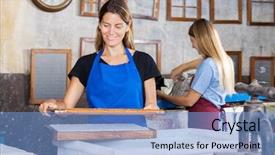  Presentation with factory workers - Beautiful presentation theme featuring screen printing - smiling female workers making papers backdrop and a light blue colored foreground